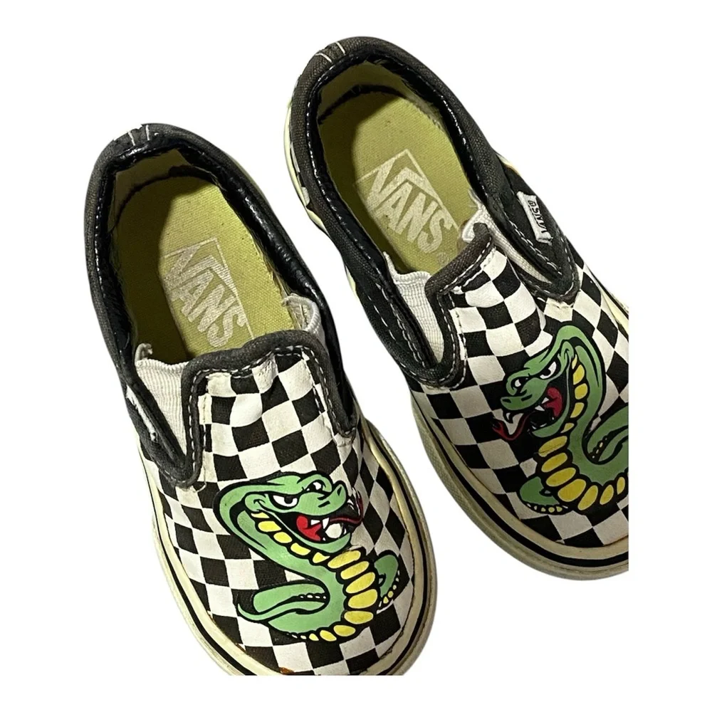 Vintage Vans Checkerboard Slip On Sneakers Toddler Size 6.5 Custom Snake Graphic